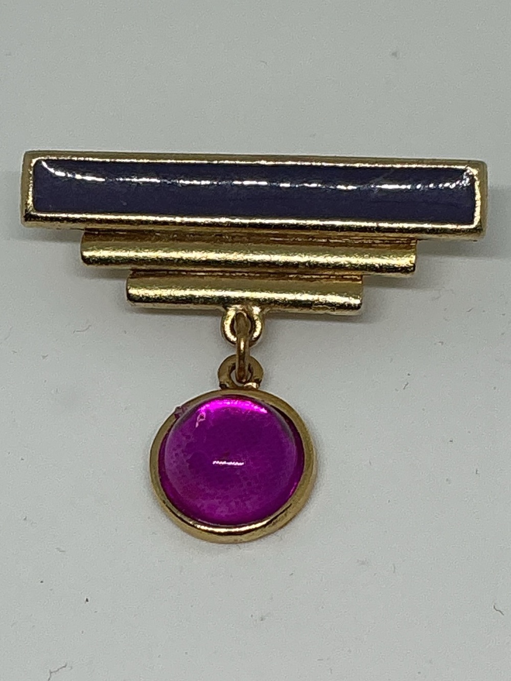 Pisces Signed Gold Tone Navy Enamel Bar Brooch Fuchsia Cabochon Dangle
